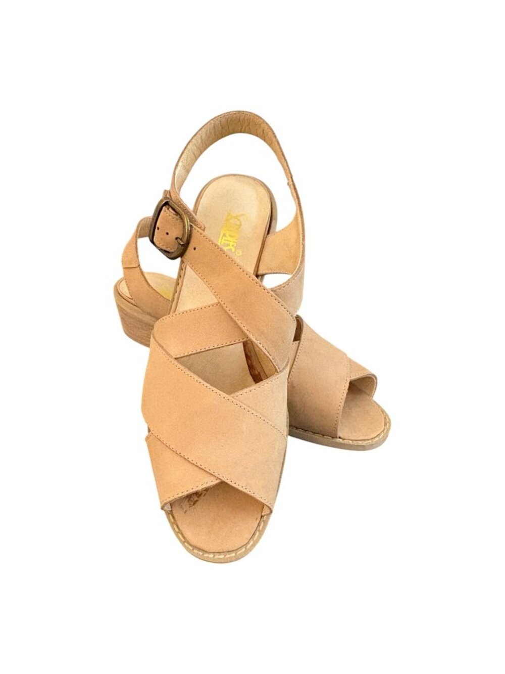 Wedge Sandals Crisscross Strap Tan Leather Scruples Size 7.5 New Without Box